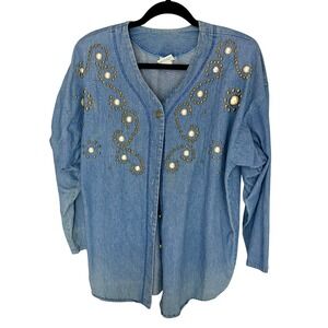 Sassy 80s Denim Blouse Vintage w/ Brass and Faux Pearl‎ Details Modern Big XL